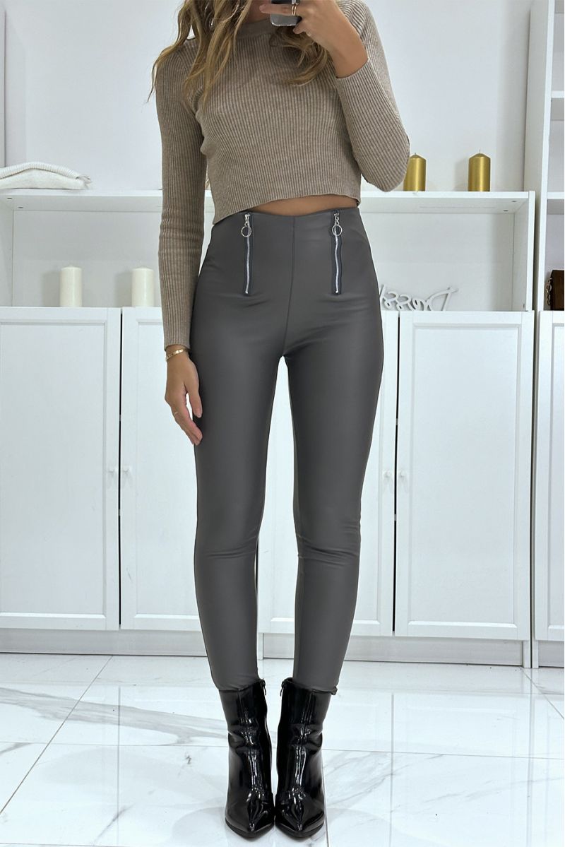 Pantalon slim anthracite en simili taille haute avec double fermeture zip - 3