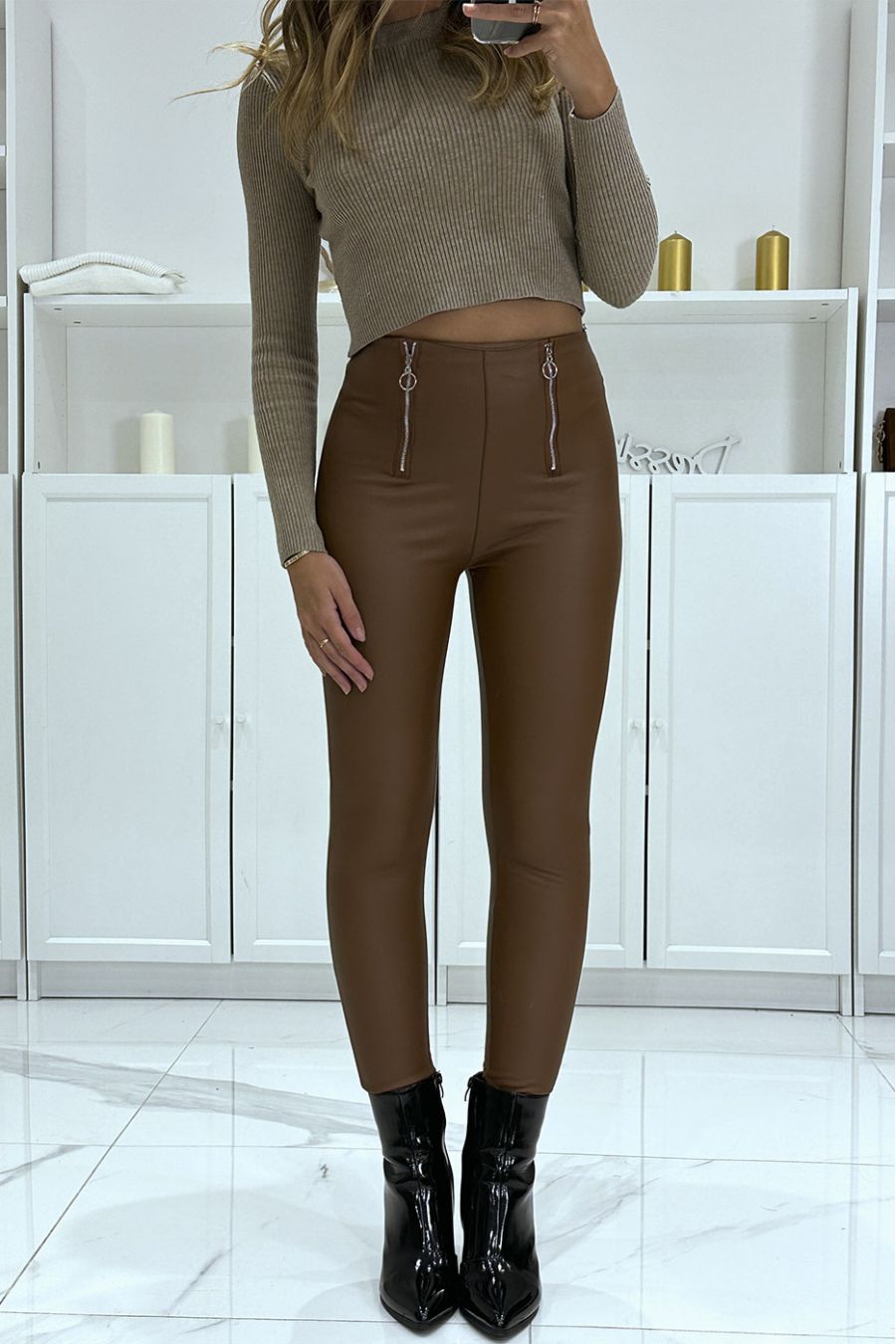 Brown faux high waist slim pants with double zip closure