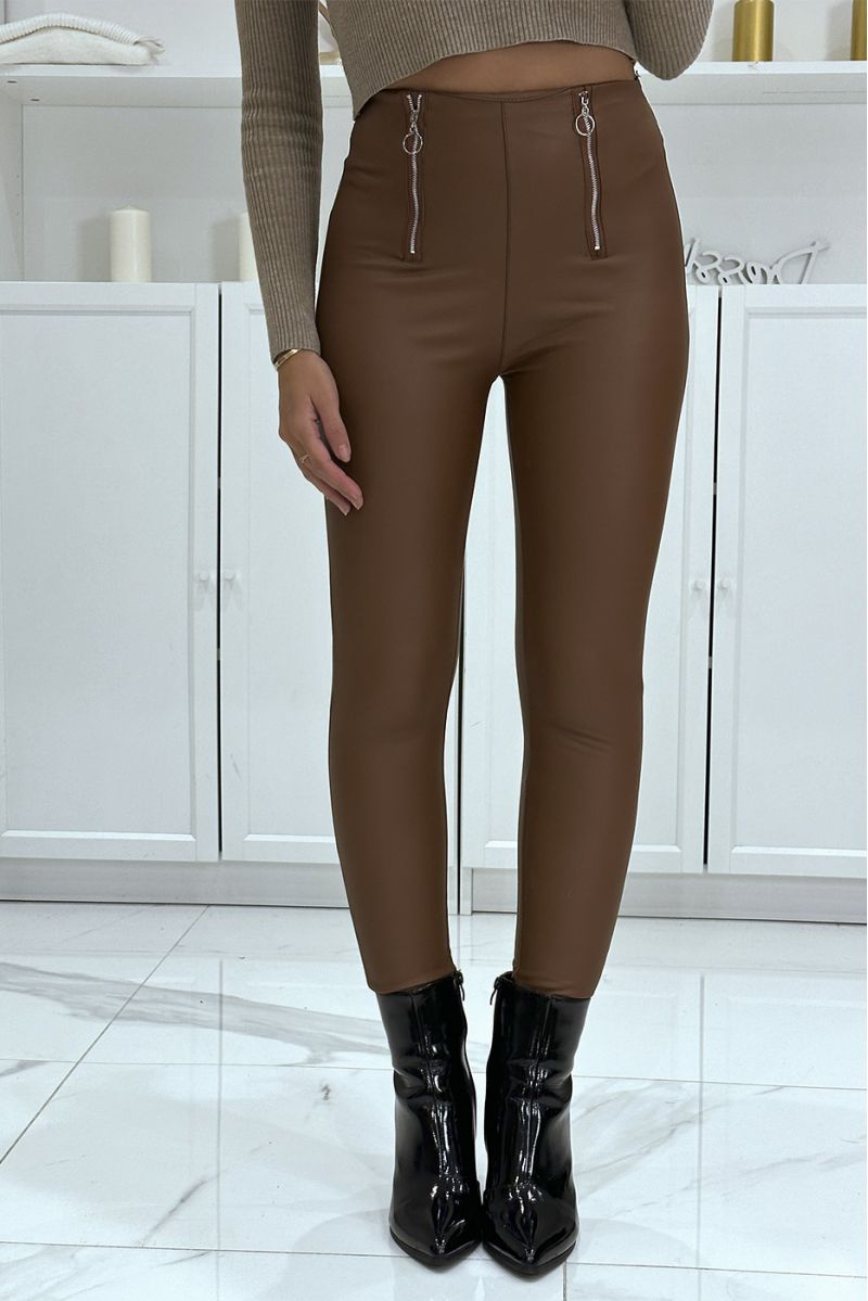 Pantalon slim marron en simili taille haute avec double fermeture zip - 2