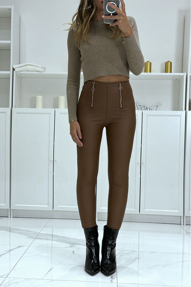 Pantalon slim marron en simili taille haute avec double fermeture zip - 4
