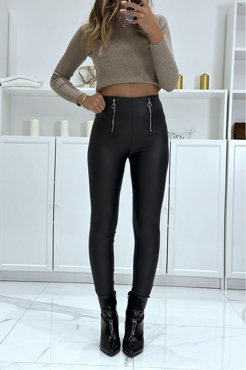 Pantalon slim noir en simili taille haute avec double fermeture zip - 1