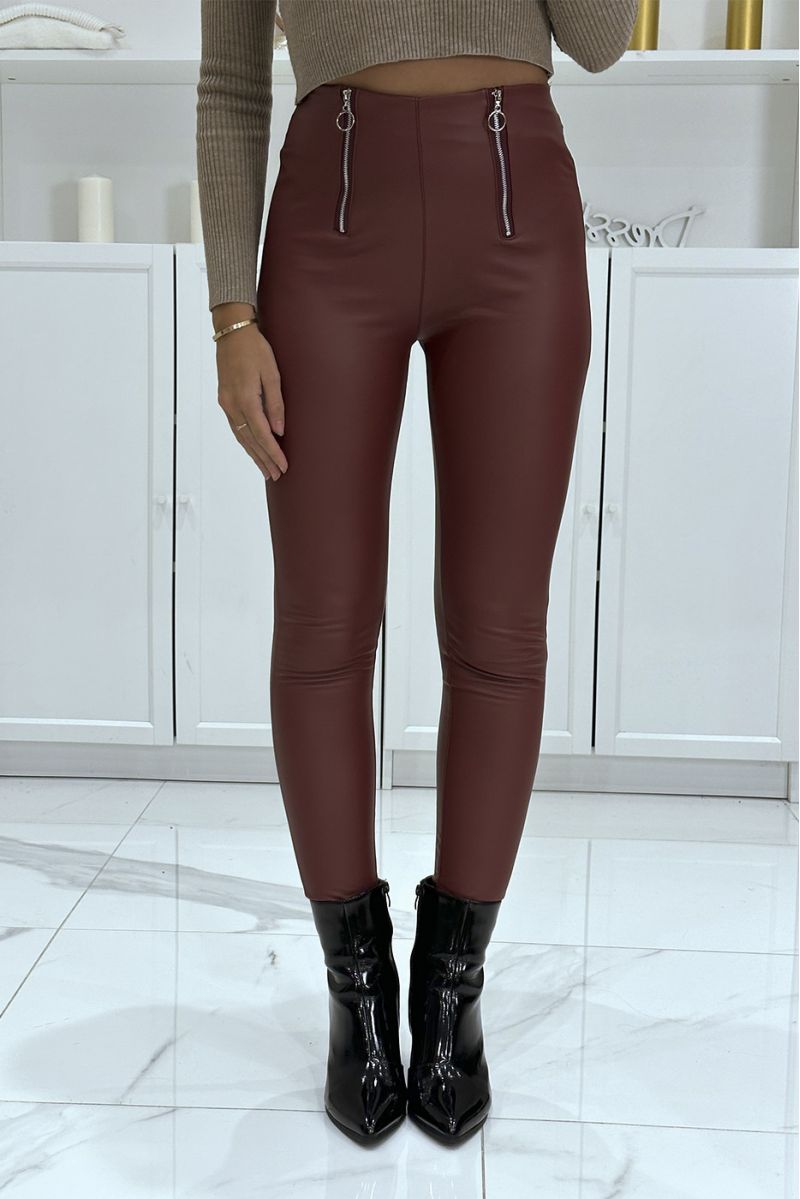 Slim burgundy high waist faux leather trousers with double zip closure - 1
