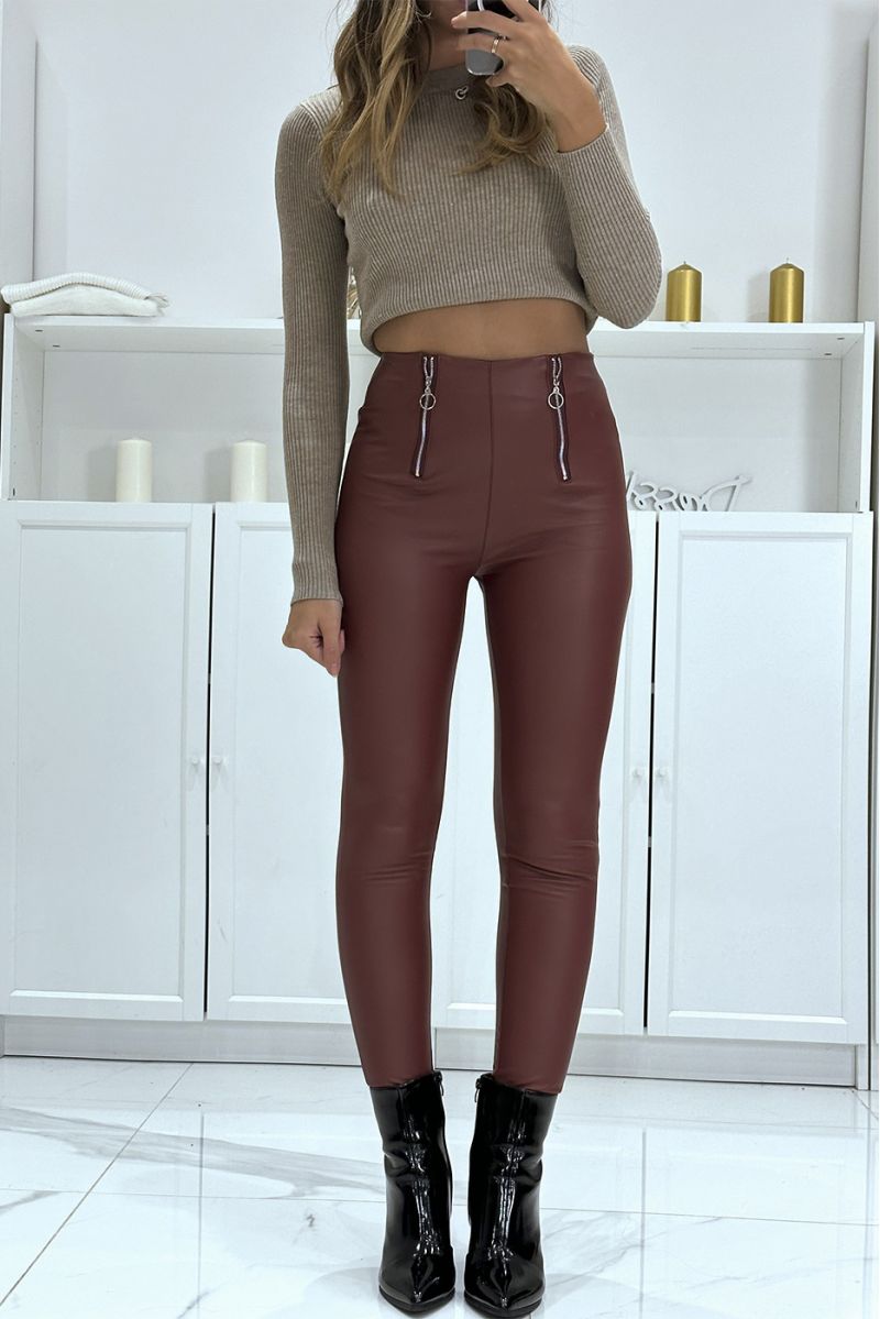 Pantalon slim bordeaux en simili taille haute avec double fermeture zip - 3