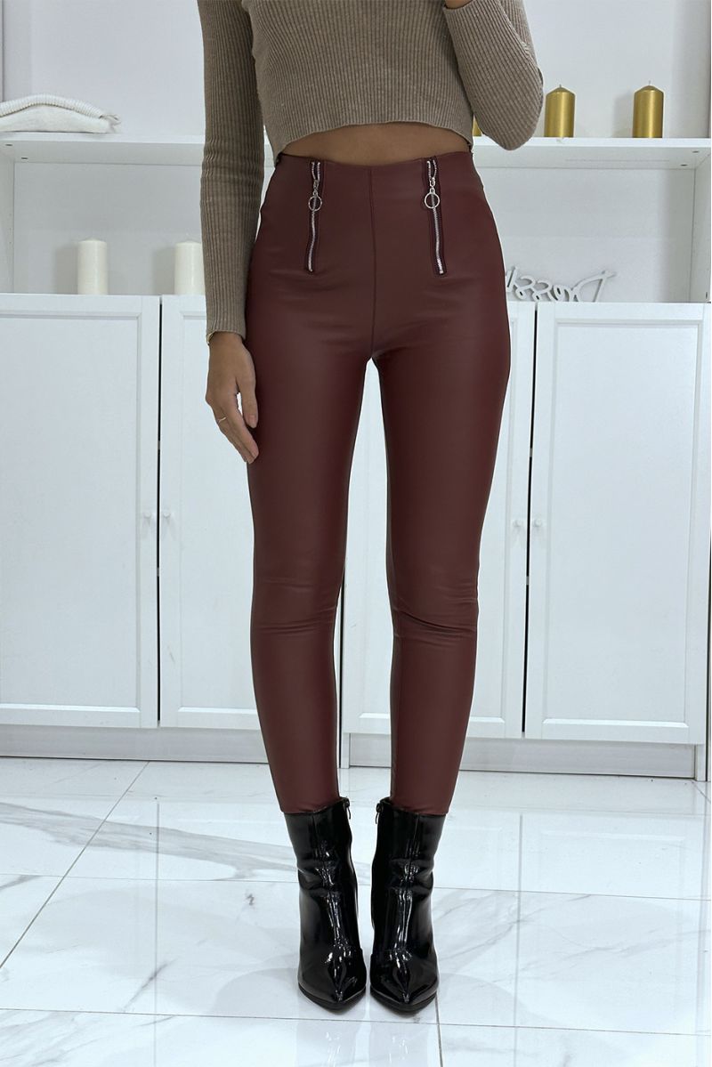 Slim burgundy high waist faux leather trousers with double zip closure - 4