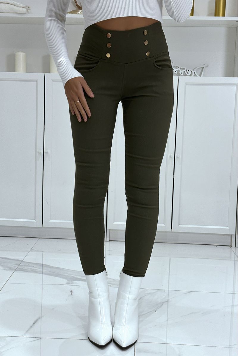 Stretch khaki slim pants with high waist and gold buttons and pockets - 2