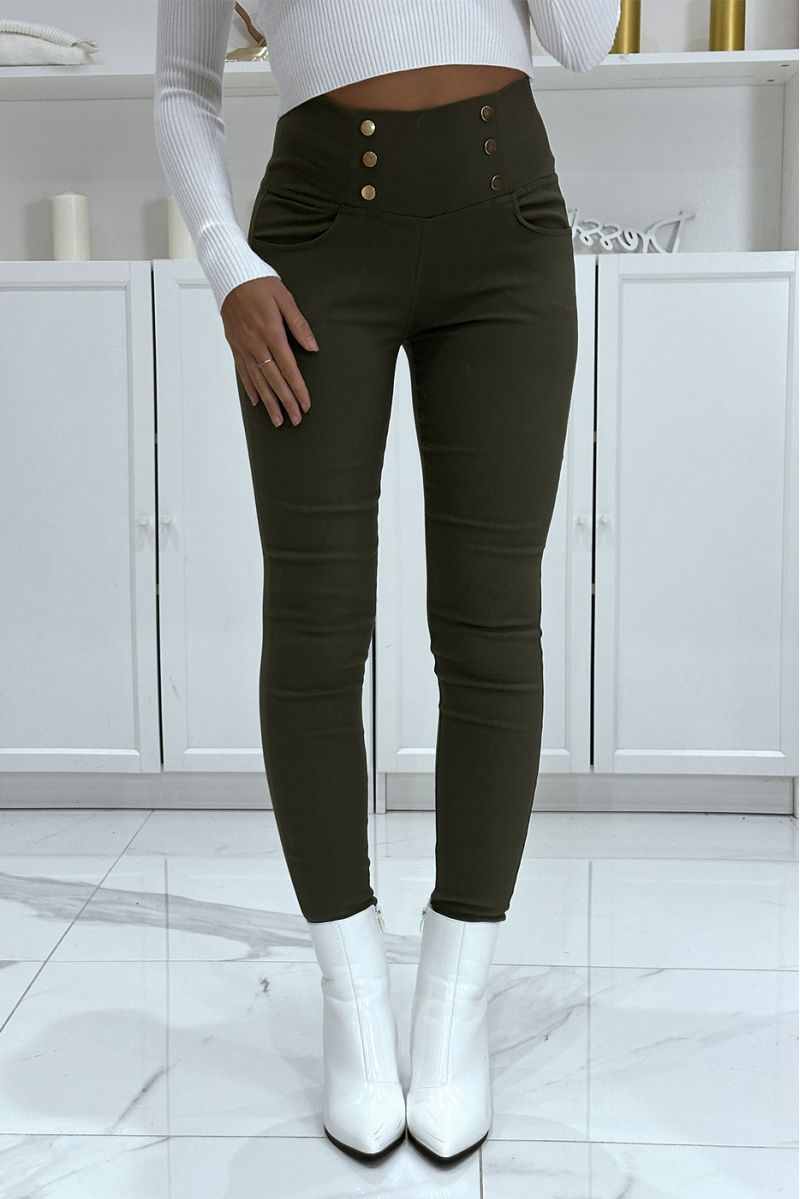 Stretch khaki slim pants with high waist and gold buttons and pockets - 3