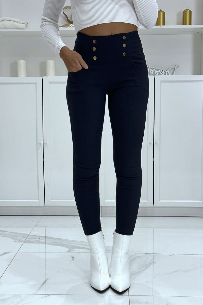 Marineblauwe slimfit broek met hoge taille en gouden knopen en zakken - 1