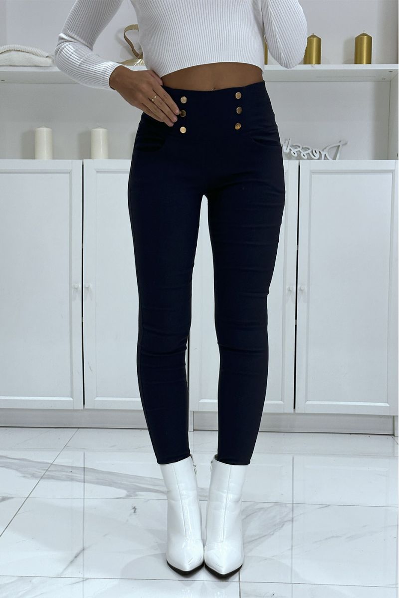 High waist stretch navy slim pants with gold buttons and pockets - 2