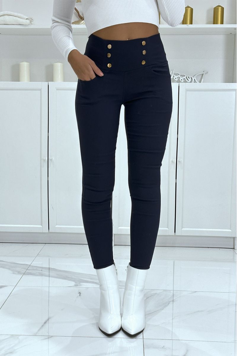 High waist stretch navy slim pants with gold buttons and pockets - 3
