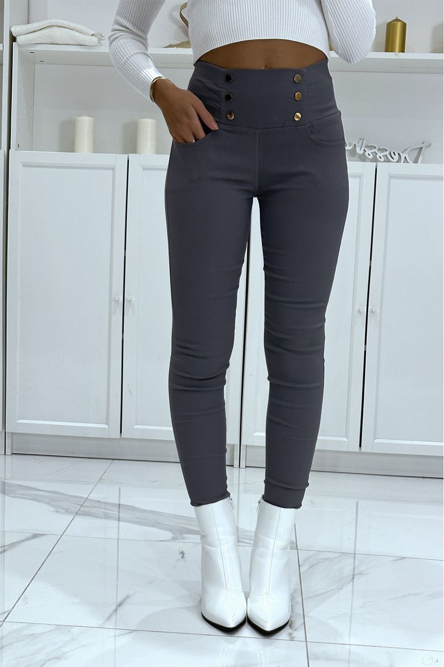 Gray stretchy high waist slim pants with gold buttons and pockets - 1