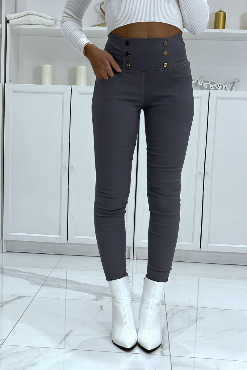 Pantalon slim gris extensible à taille haute et boutons dorés et poches - 1