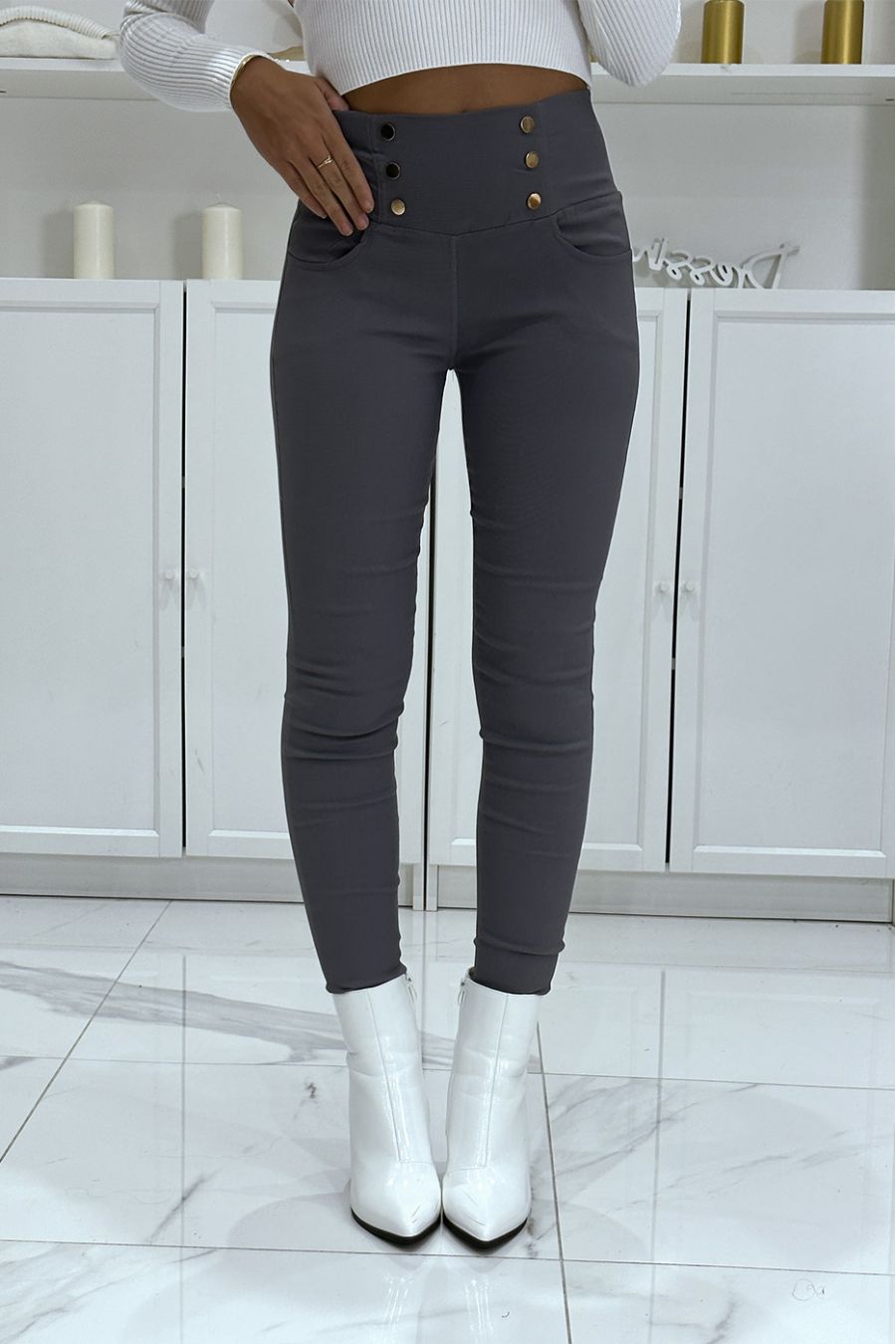 Gray stretchy high waist slim pants with gold buttons and pockets - 2