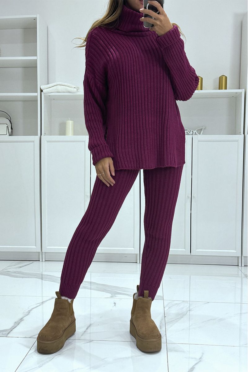 Plum knit turtleneck sweater and pants set, very warm for winter - 1