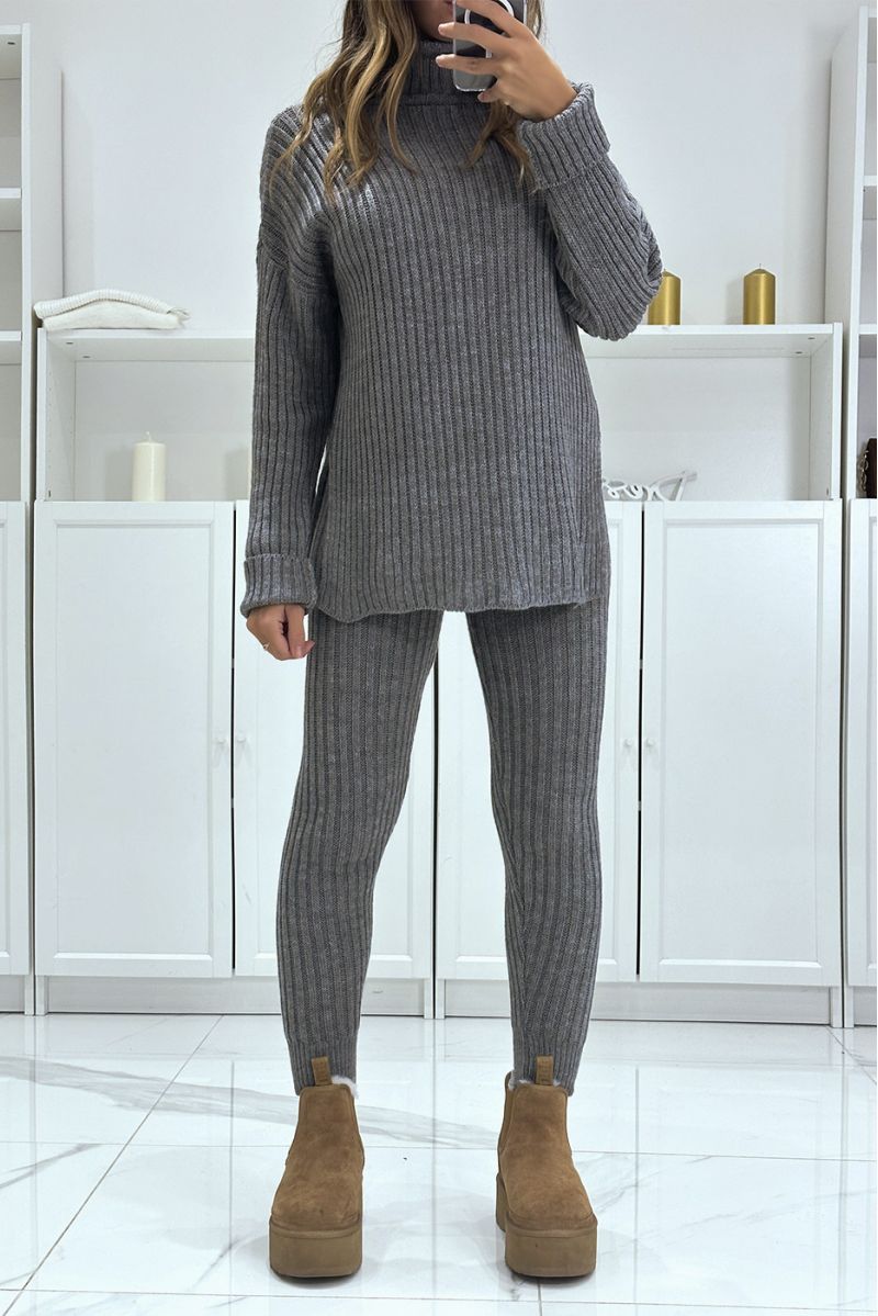 Ensemble pull col roulé et pantalon anthracite en tricot, très chaud pour l'hiver - 3