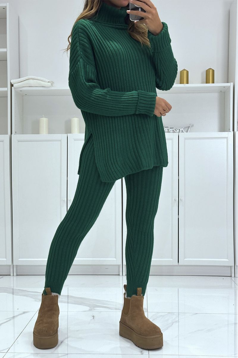 Ensemble pull col roulé et pantalon vert en tricot, très chaud pour l'hiver - 2
