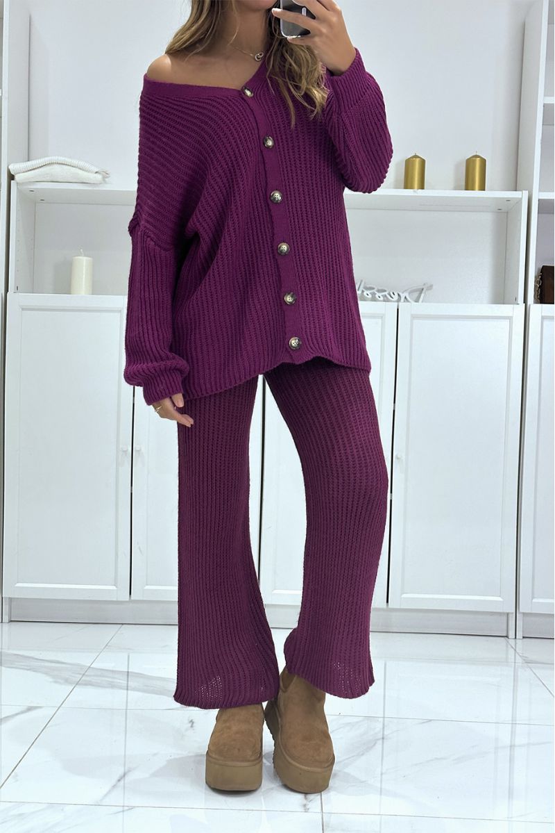 Ensemble gilet long et pantalon prune en tricot, très chaud pour l'hiver - 1