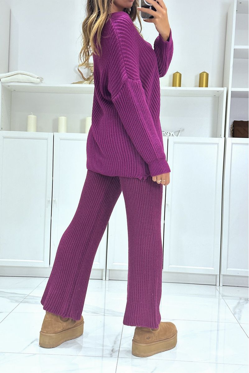 Ensemble gilet long et pantalon prune en tricot, très chaud pour l'hiver - 3