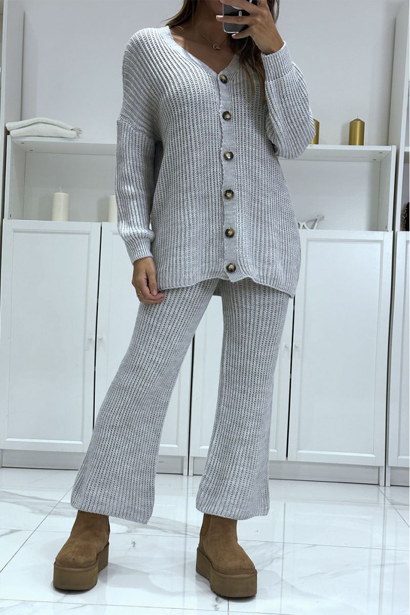 Ensemble gilet long et pantalon gris en tricot, très chaud pour l'hiver - 1