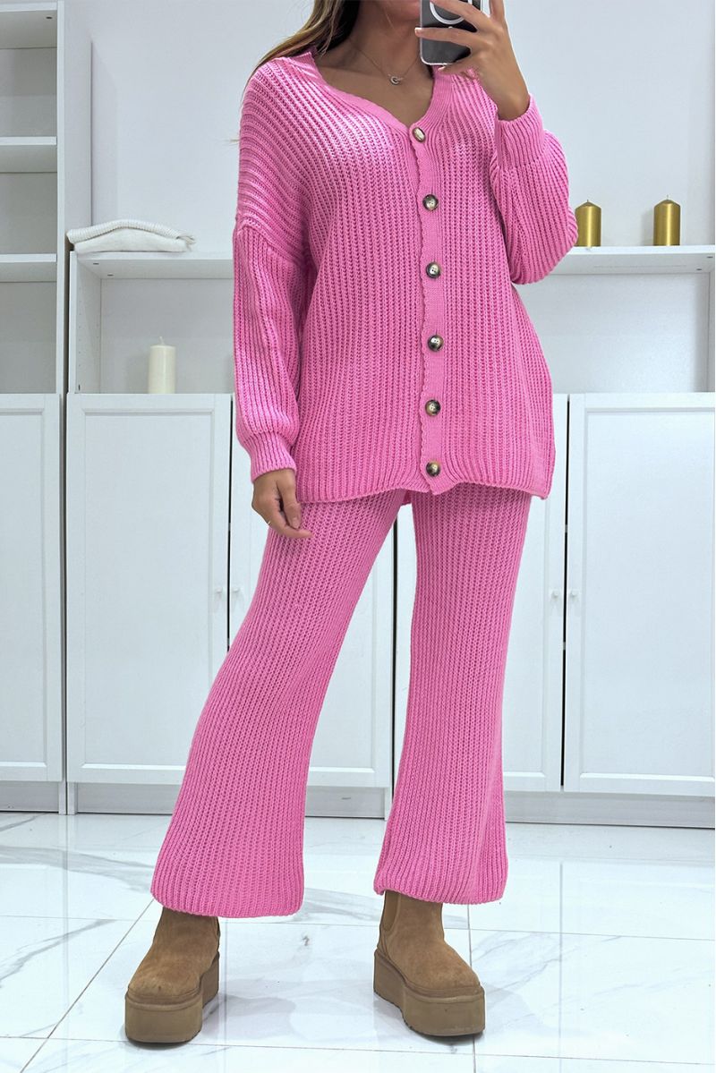 Ensemble gilet long et pantalon rose en tricot, très chaud pour l'hiver - 1