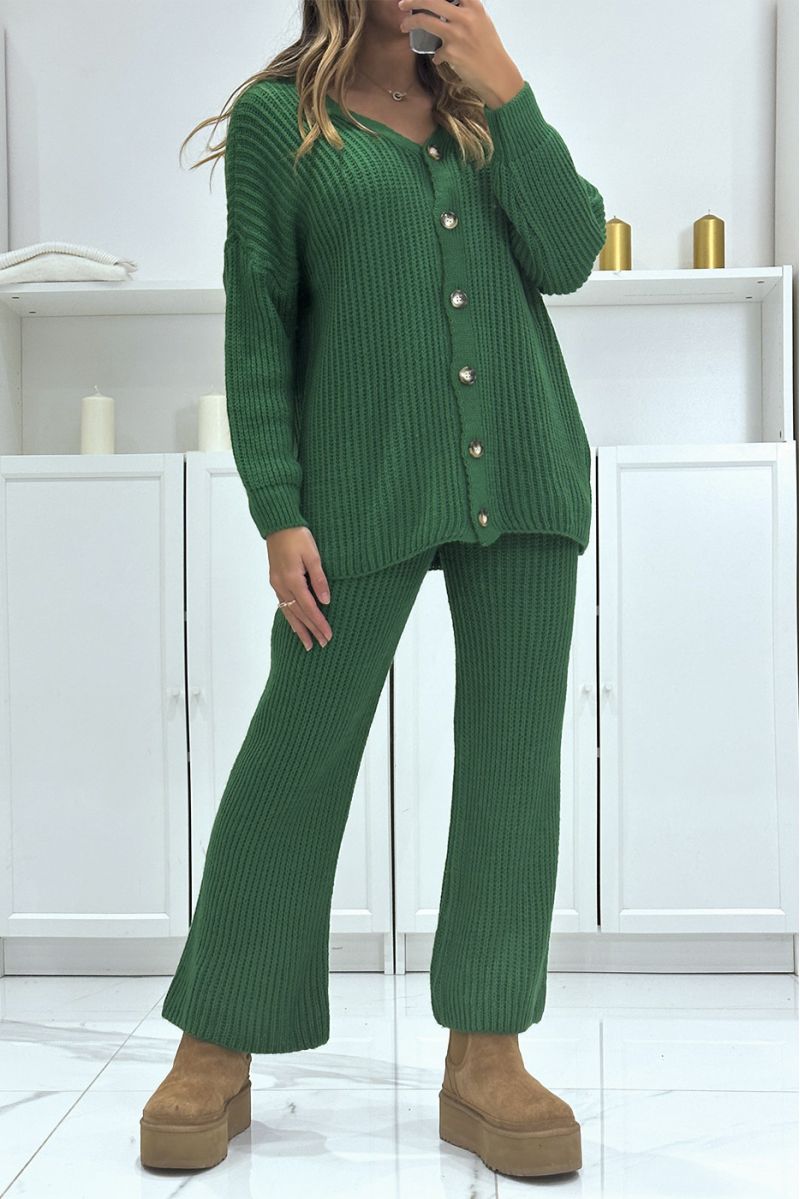 Set van lang vest en groene gebreide broek, heerlijk warm voor de winter - 1 Set van lang vest en groene gebreide broek, heerlijk warm voor de winter - 1