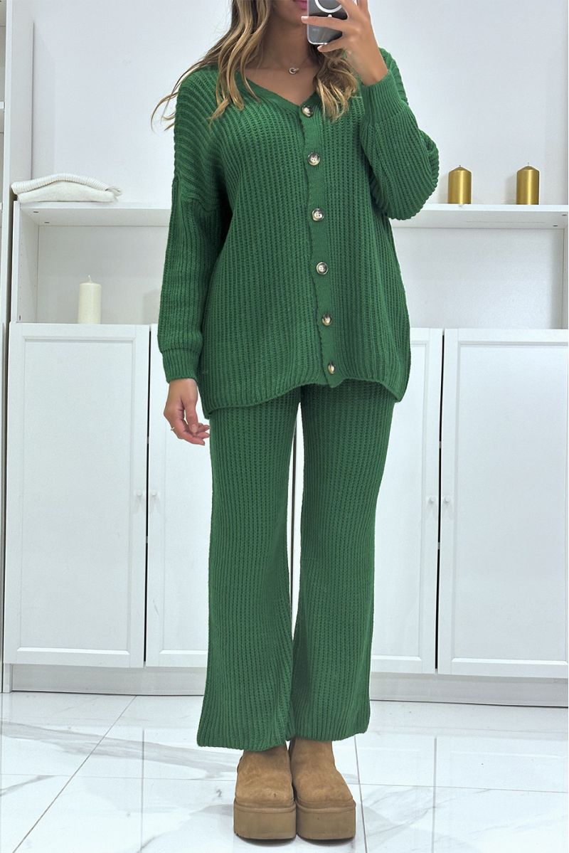 Ensemble gilet long et pantalon vert en tricot, très chaud pour l'hiver - 2