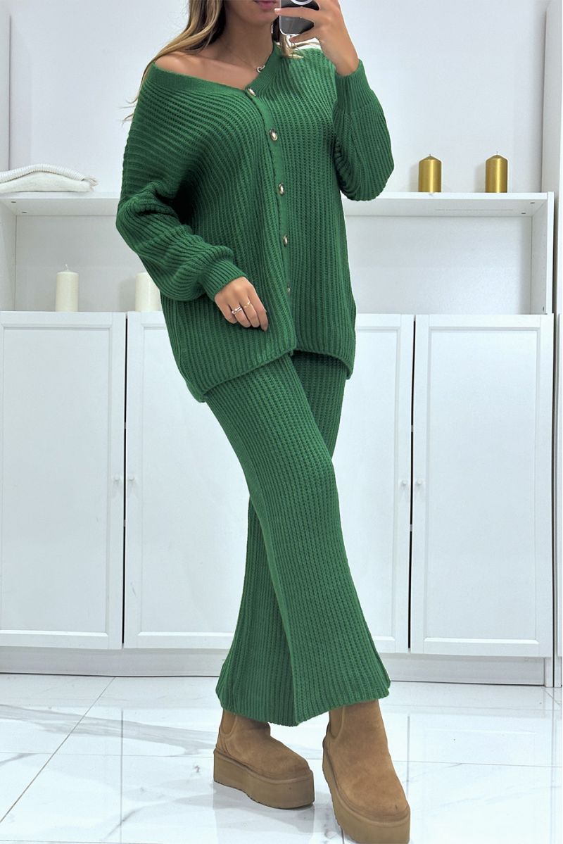 Ensemble gilet long et pantalon vert en tricot, très chaud pour l'hiver - 3