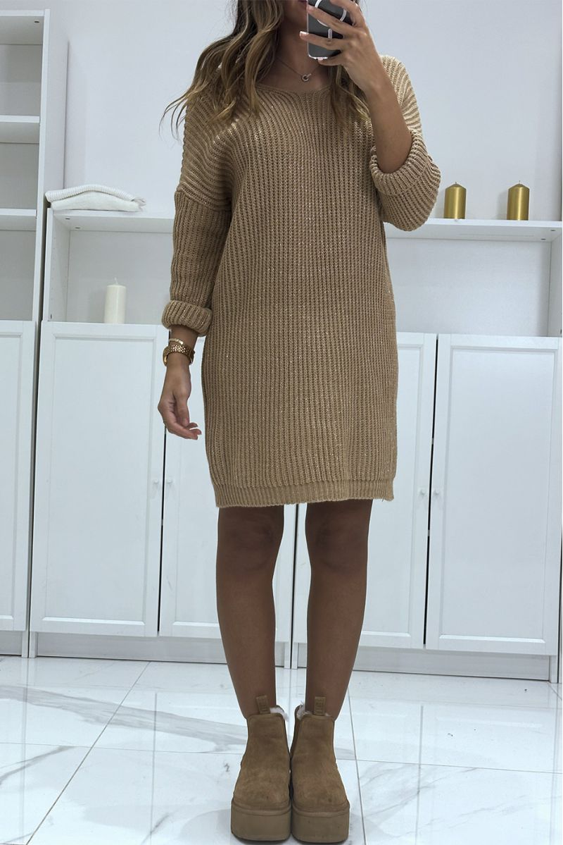 Robe pull camel en tricot pailleté à col v - 2