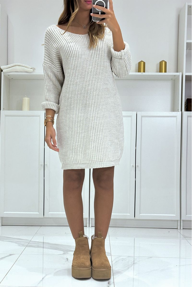 Beige sweaterjurk met lovertjes en V-hals - 2