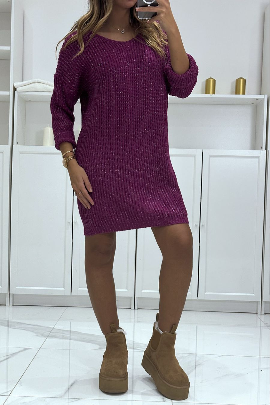 Robe pull lilas en tricot paillete a col v