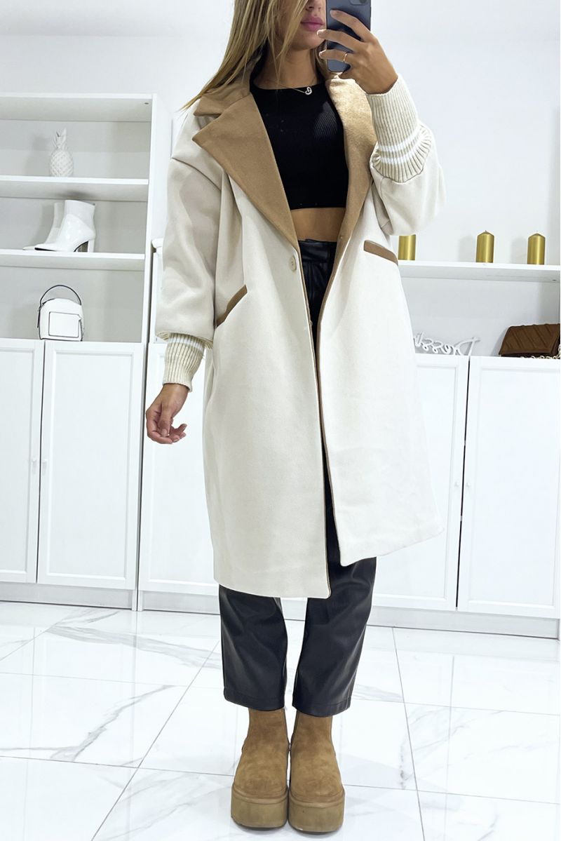 Teddy coat 3/4 beige bicolore à manches resserrées ultra doux - 1