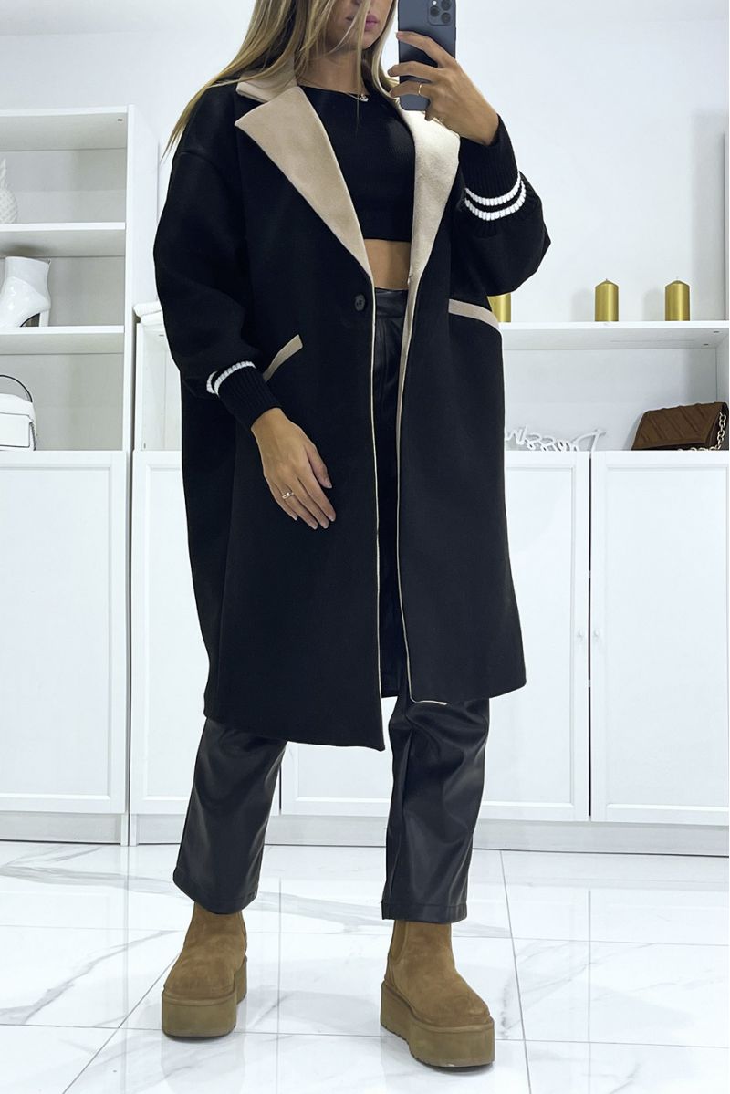 Ultra soft two-tone black 3/4 teddy coat with tight sleeves - 1