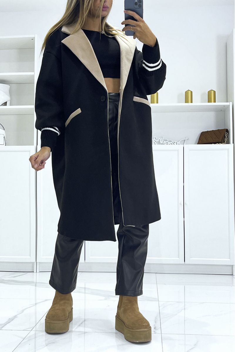 Ultra soft two-tone black 3/4 teddy coat with tight sleeves - 2