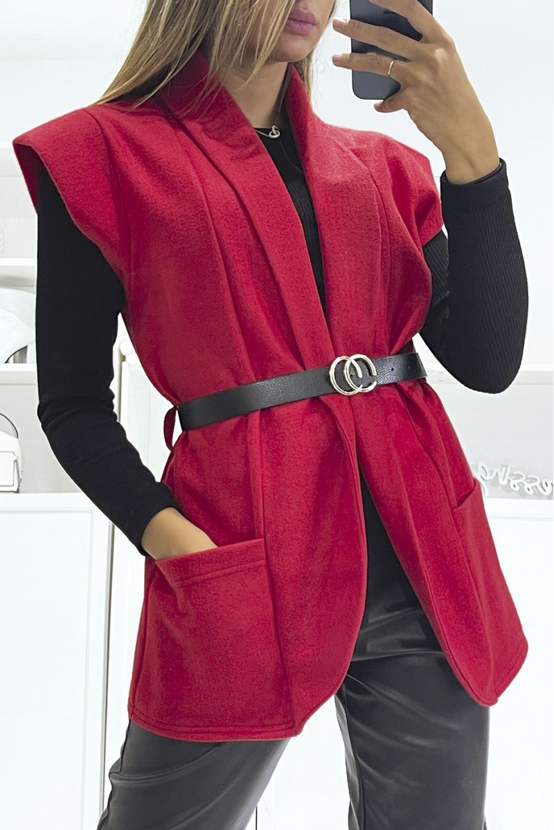 Ultra Soft Red Belted Sleeveless Jacket - 1