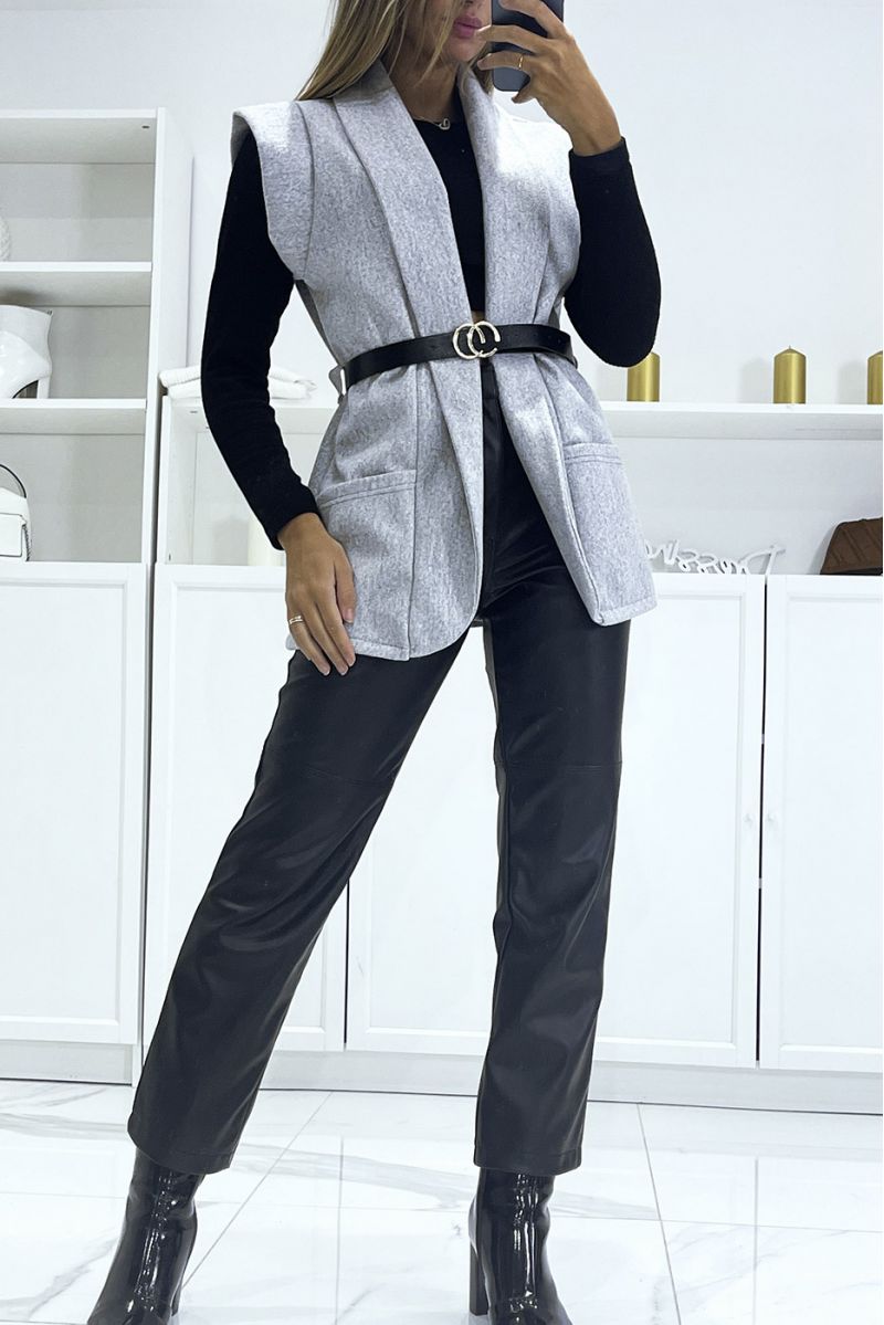 Gray Ultra Soft Belted Sleeveless Jacket - 1