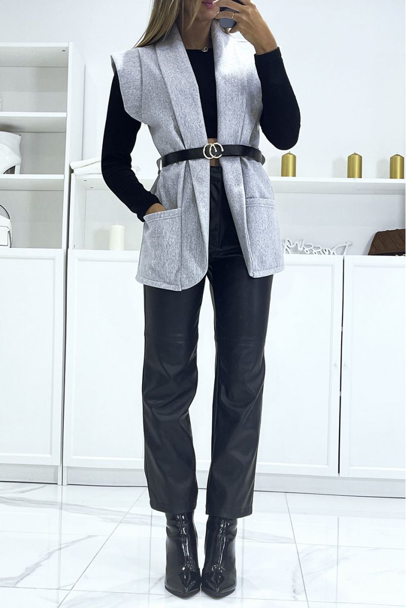 Gray Ultra Soft Belted Sleeveless Jacket - 2