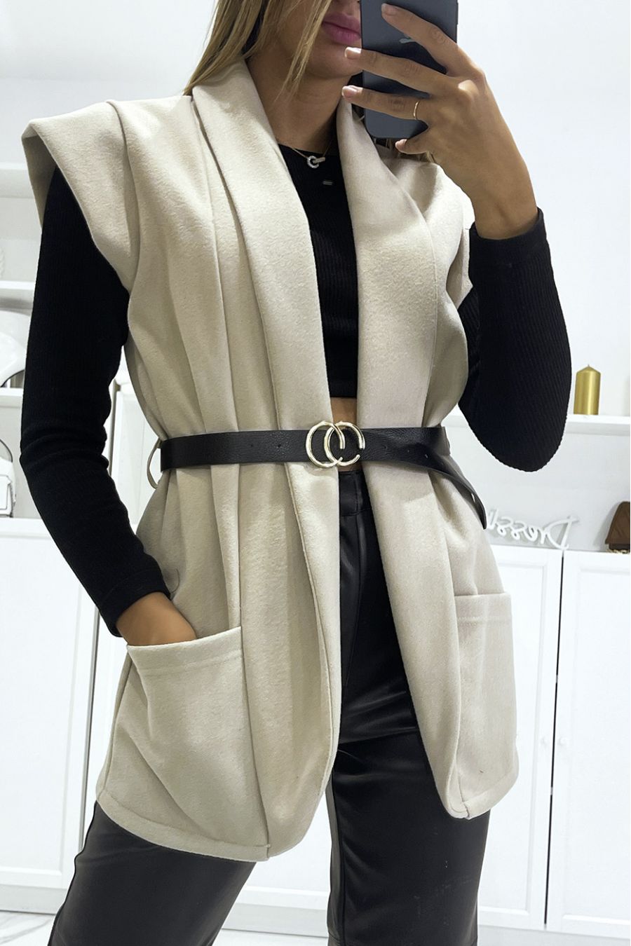 Beige sleeveless jacket with ultra soft belt