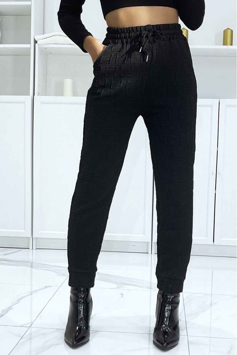 Zwarte broek met hoge taille en reliëfpatroon - 1