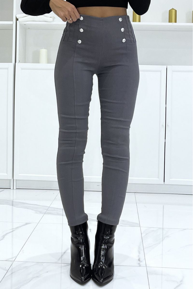 Hoge taille stretch grijze slanke broek met zilveren knopen en zakken - 2