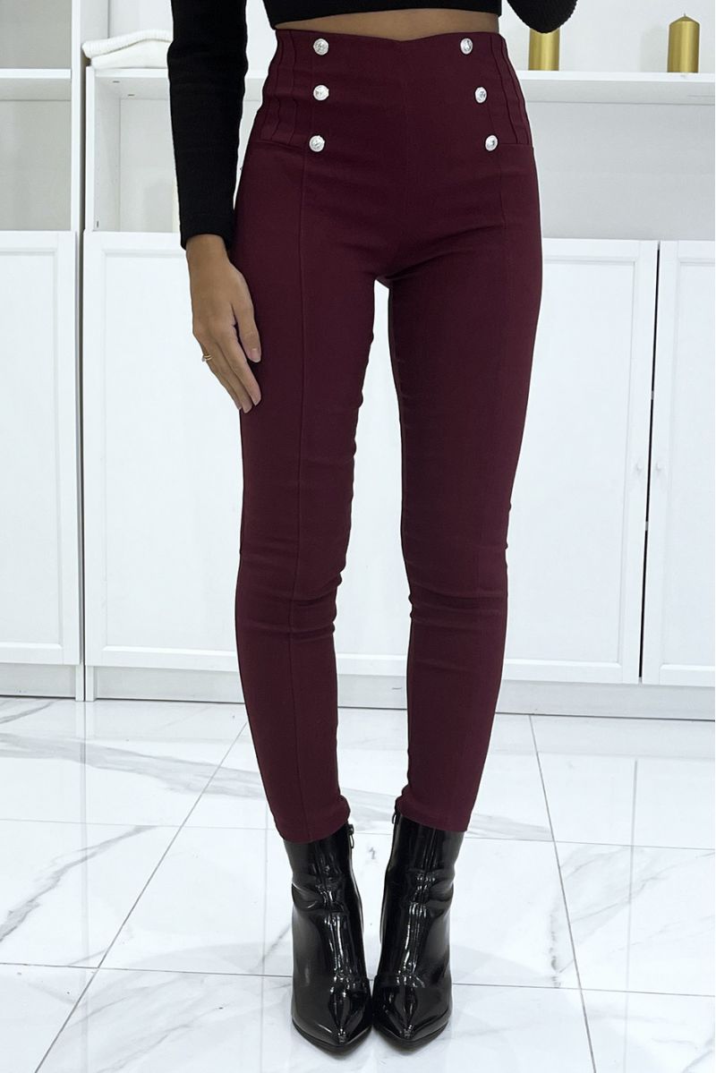 High waist stretch burgundy slim pants with silver buttons and pockets - 3