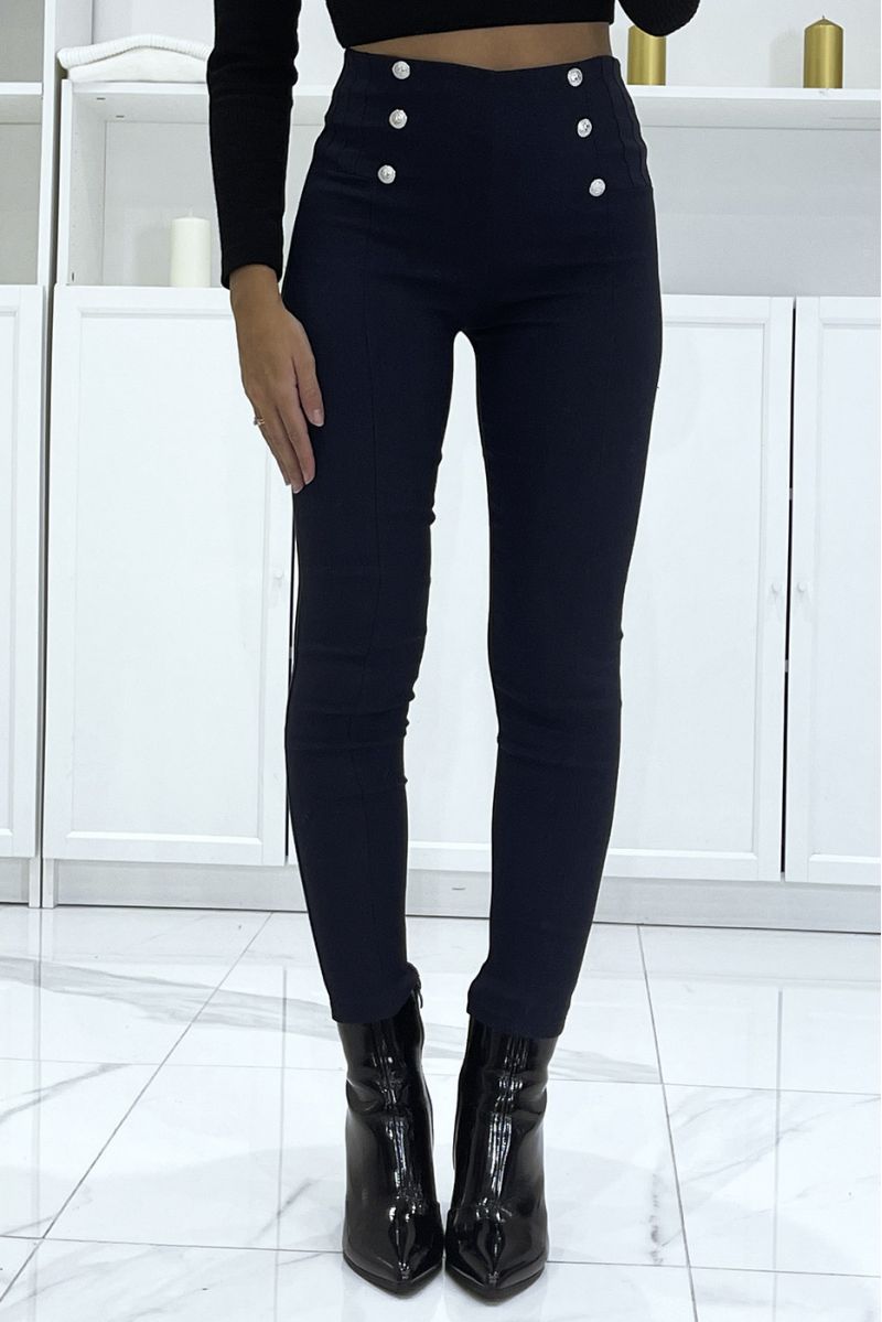 High waist stretch navy slim pants with silver buttons and pockets - 2 High waist stretch navy slim pants with silver buttons and pockets - 2