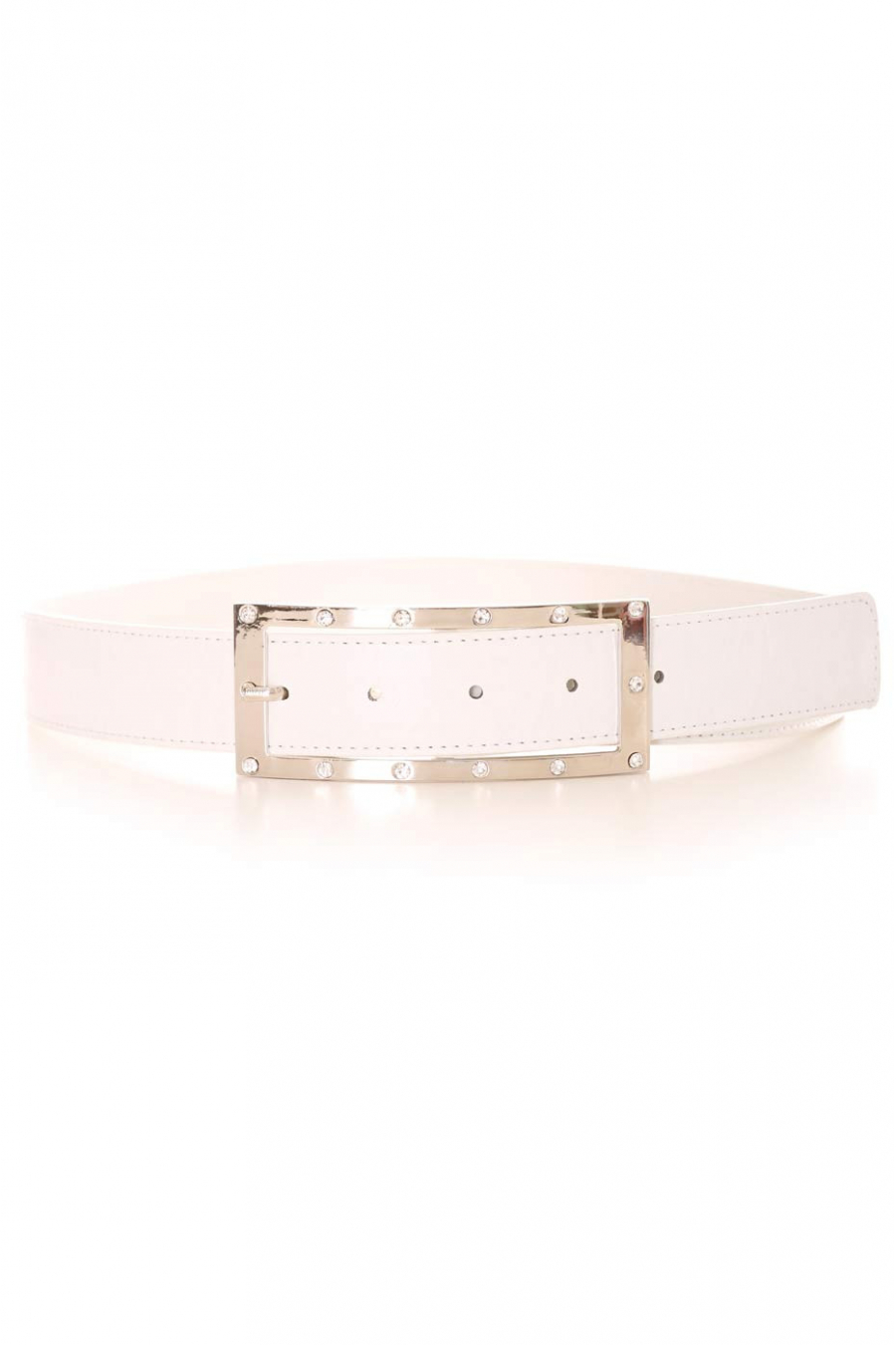 Witte riem met rechthoekige zilveren gesp en strass steentjes. Toebehoren 9008 - 1