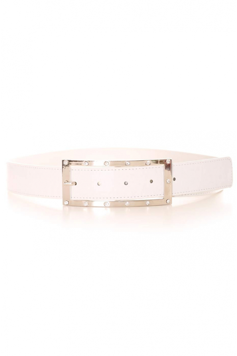 White belt with rectangular silver buckle and rhinestones. Accessory 9008 - 1