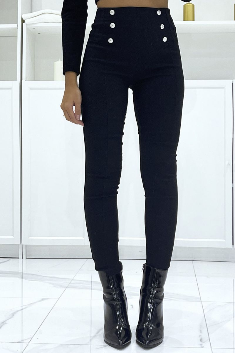 Pantalon slim noir extensible à taille haute et boutons argentés et poches - 2