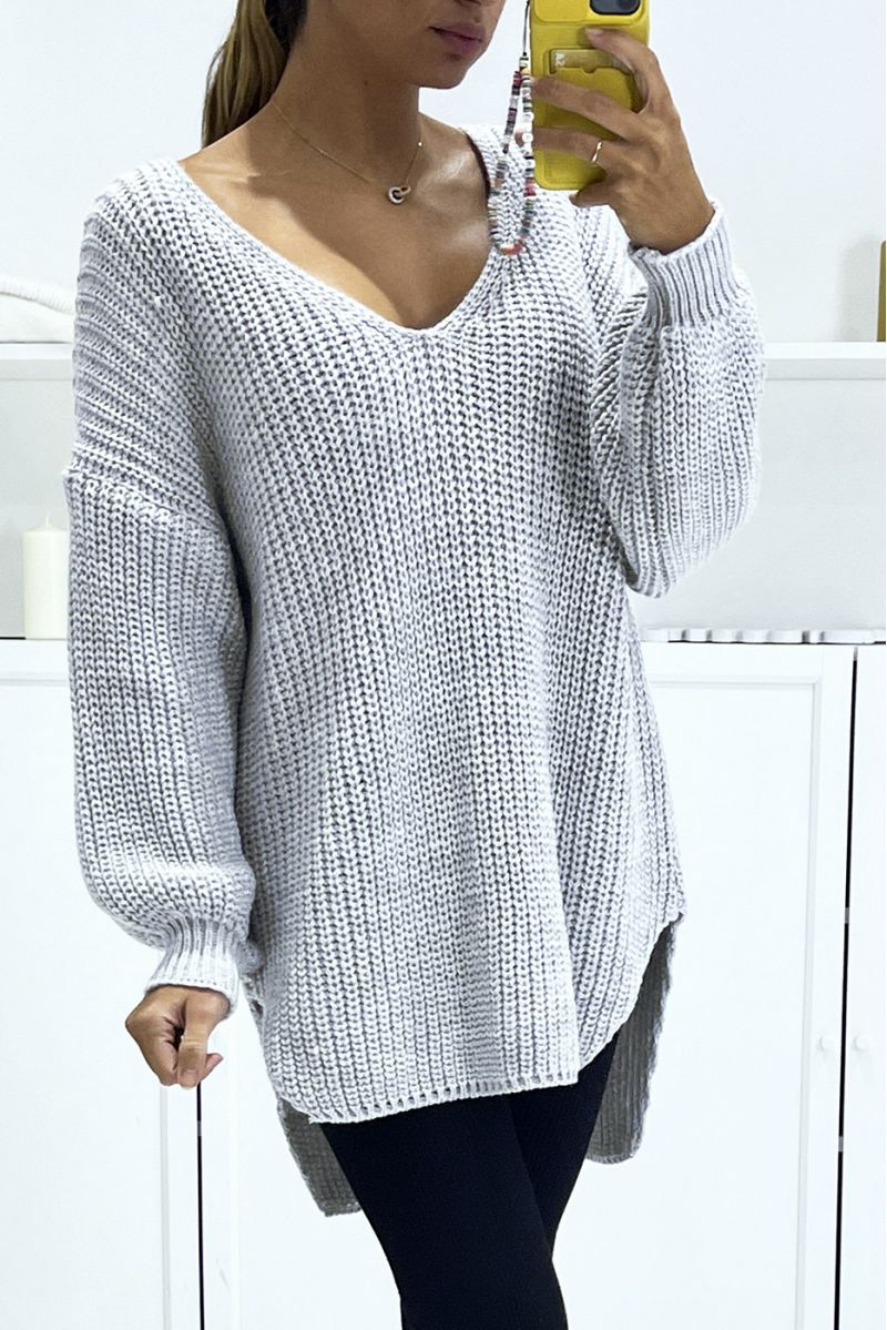 Gray asymmetrical knit sweater with v-neck and puff sleeves, ultra soft - 1