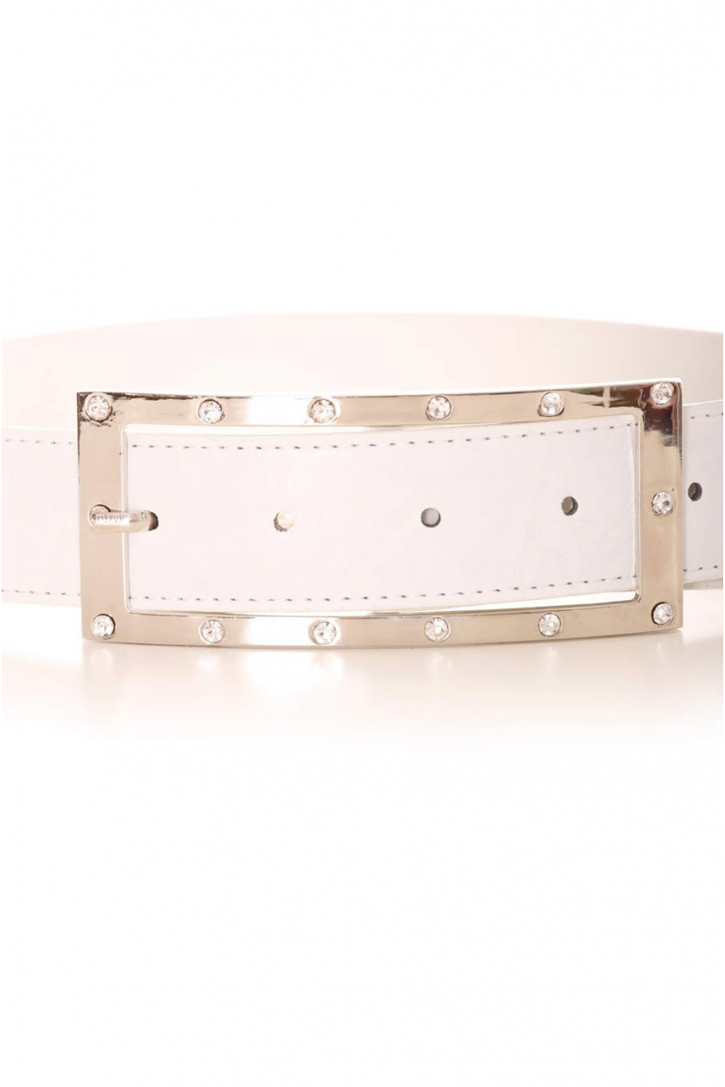 White belt with rectangular silver buckle and rhinestones. Accessory 9008 - 2