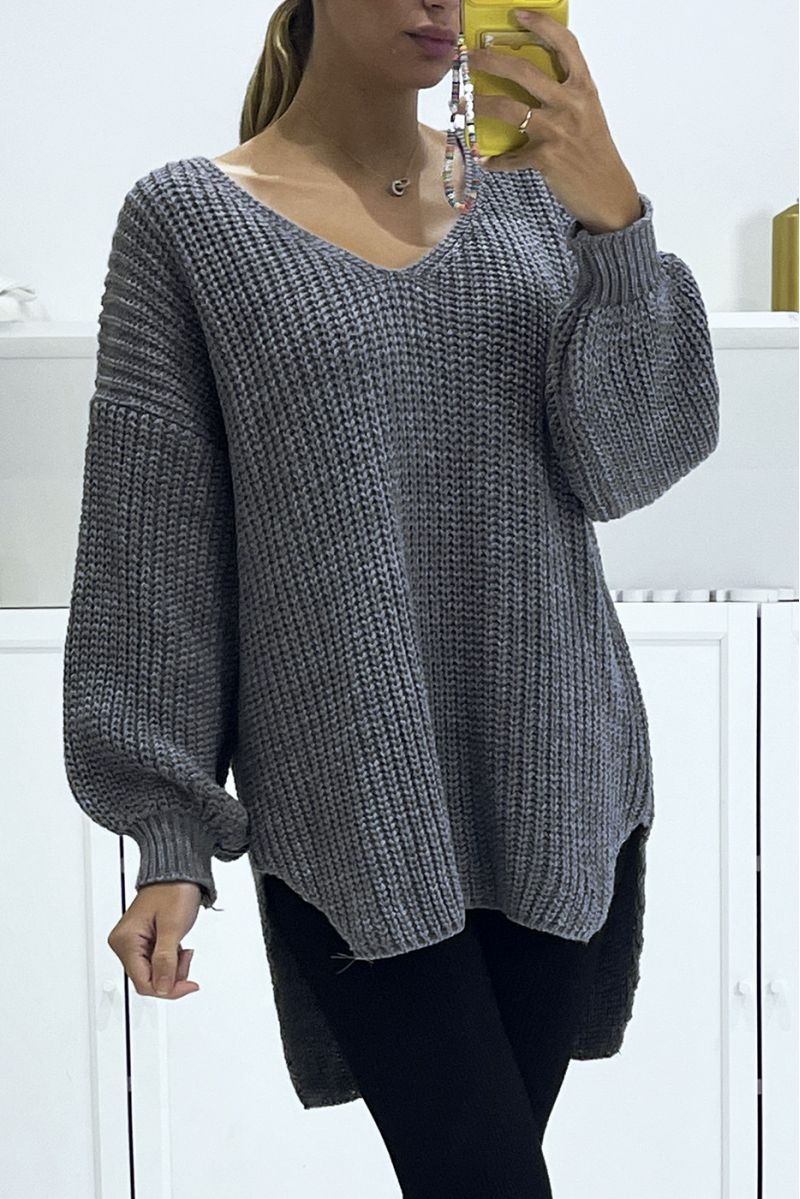 Charcoal asymmetrical knit sweater with v-neck and puff sleeves, ultra soft - 1