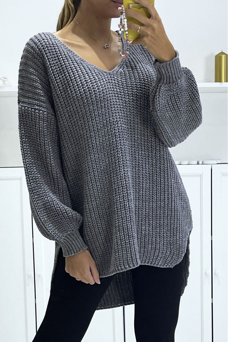 Charcoal asymmetrical knit sweater with v-neck and puff sleeves, ultra soft - 2