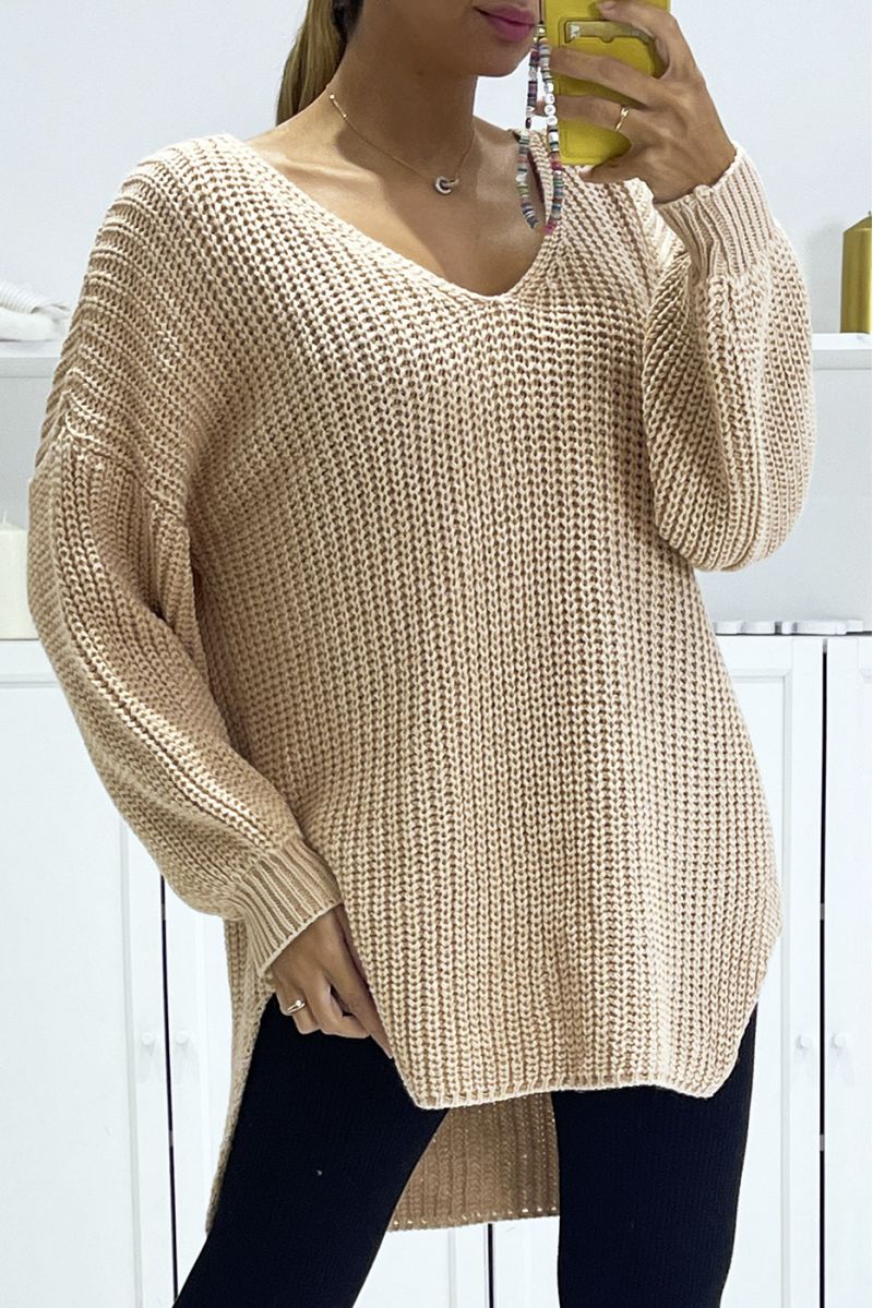 Beige asymmetrical knit sweater with v-neck and puff sleeves, ultra soft - 1