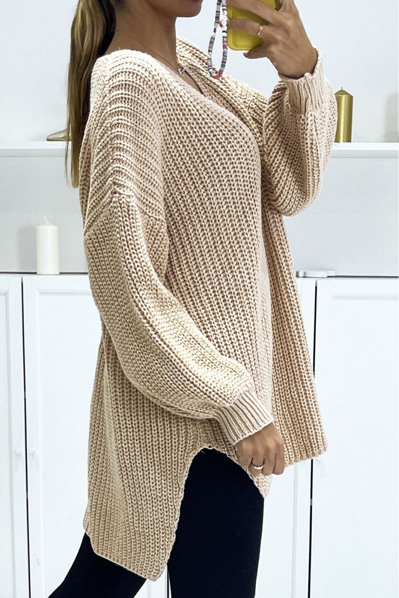 Beige asymmetrical knit sweater with v-neck and puff sleeves, ultra soft - 3