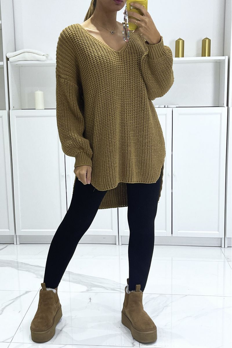 Camel asymmetrical knit sweater with v-neck and puff sleeves, ultra soft - 1